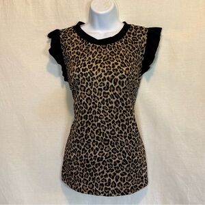 F-11 Ces Femme Cream Brown &‎ Black Animal Print Ruffle Sleeve Pullover Blouse
